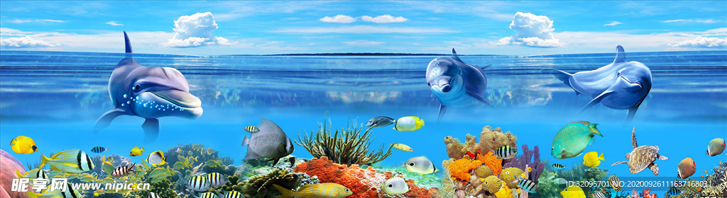 海洋世界 海豚 珊瑚 背景墙