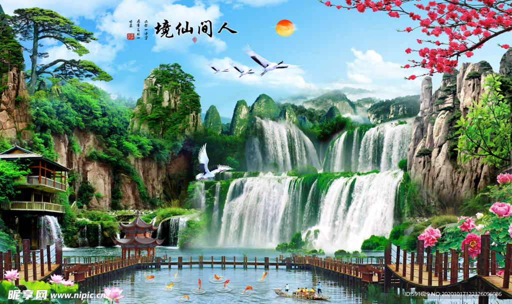 背景 山水 仙鶴 仙境 荷花