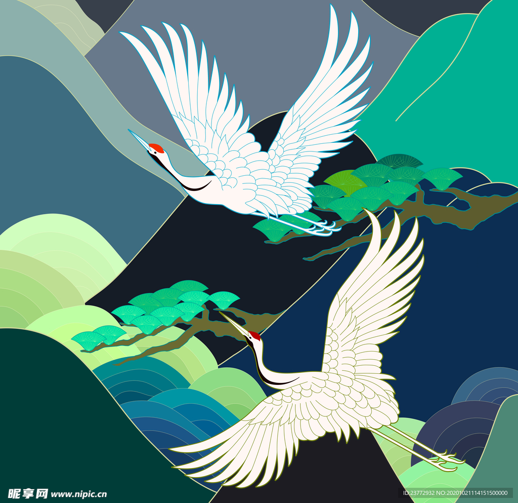 国风插画山鸟图色彩鲜明鹤