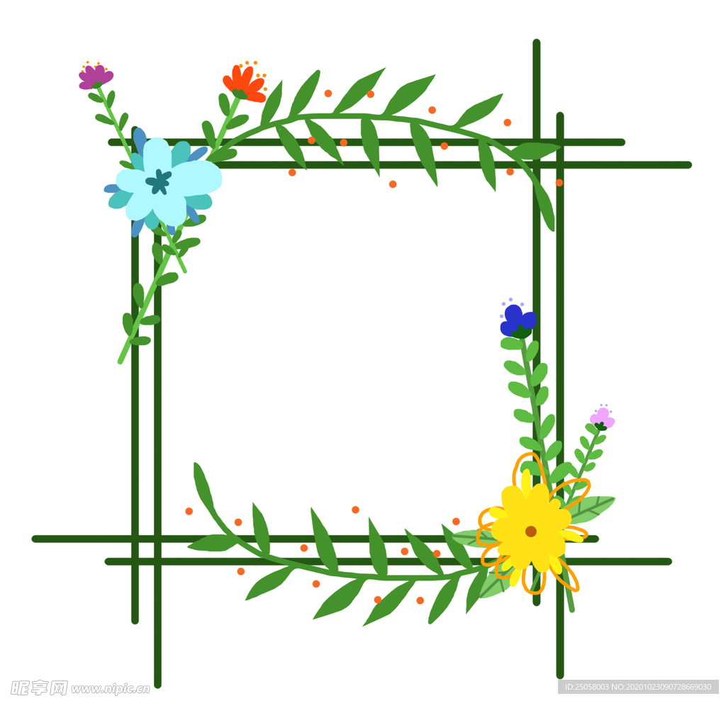 手绘绿色植物花朵枝藤边框插画