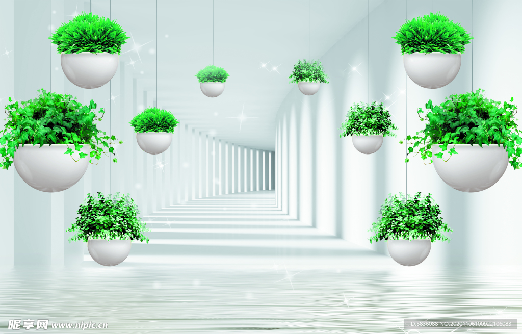 走廊中悬吊的绿色植物装饰画