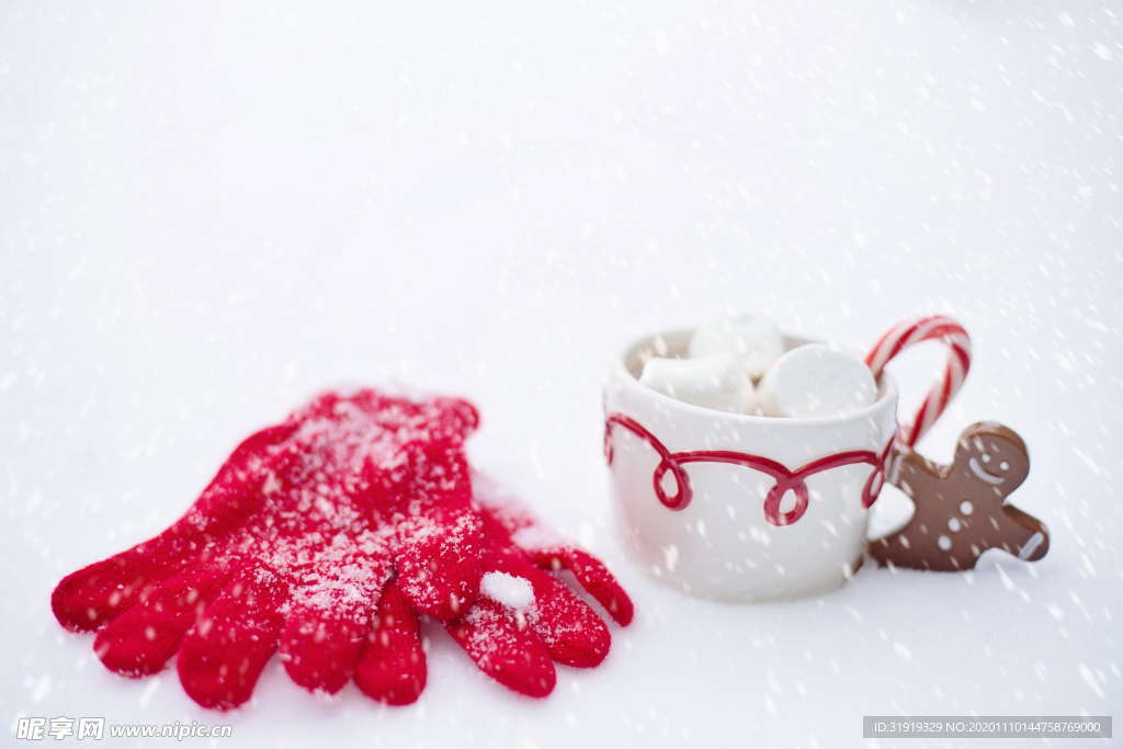 红色 手套 热可可 雪 冬季