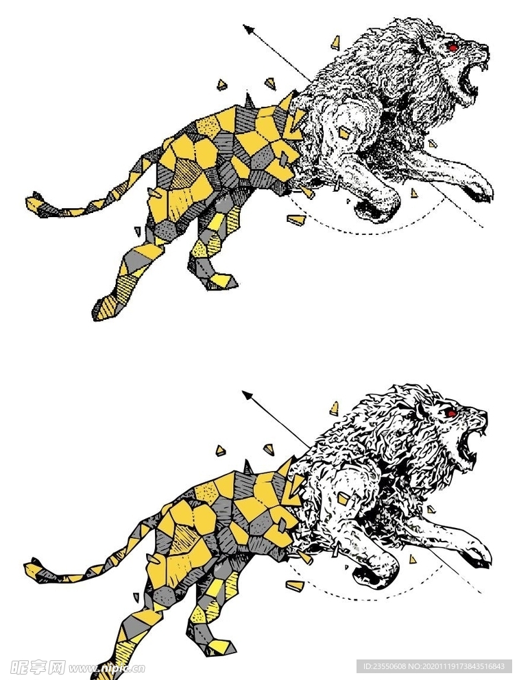 咆哮的金色獅子描摹矢量圖