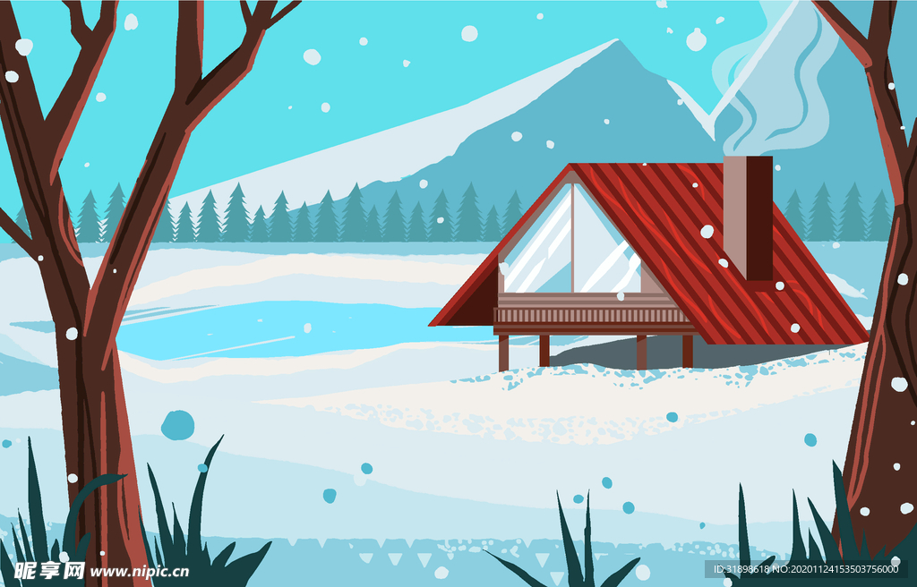 冬季北欧红色房子插画