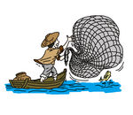 卡通渔民渔船捕鱼插画