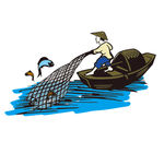 卡通渔民捕鱼插画色彩