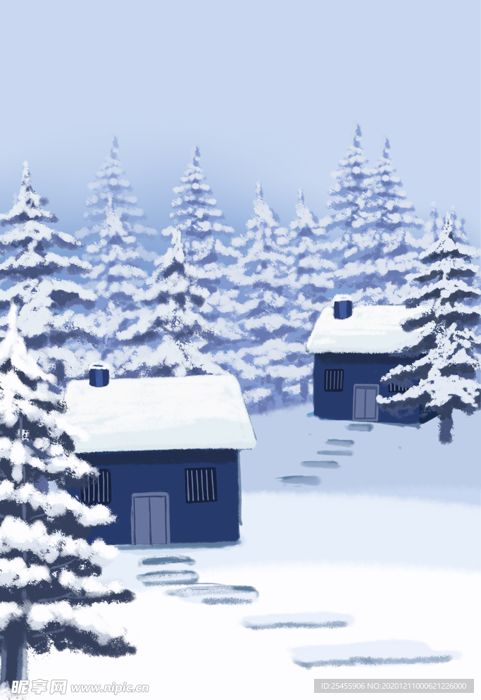 小屋松林雪景冬天冬季手绘