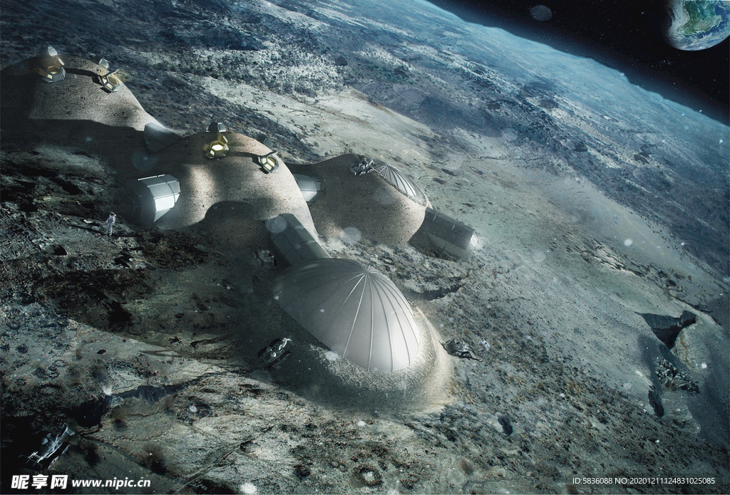 未来月球基地构想图3D彩绘效果