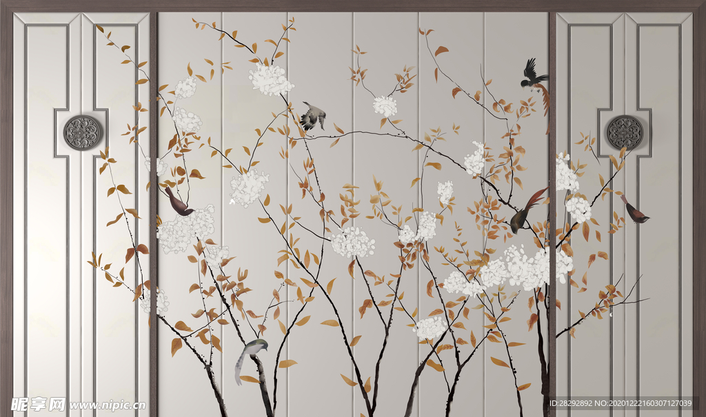 中式古典工笔花鸟背景墙