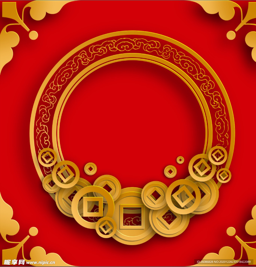 中国风格传统铜钱立体边框