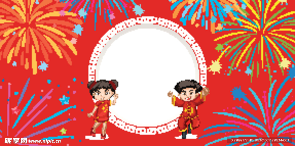 中国孩子在红色背景与烟花中国风