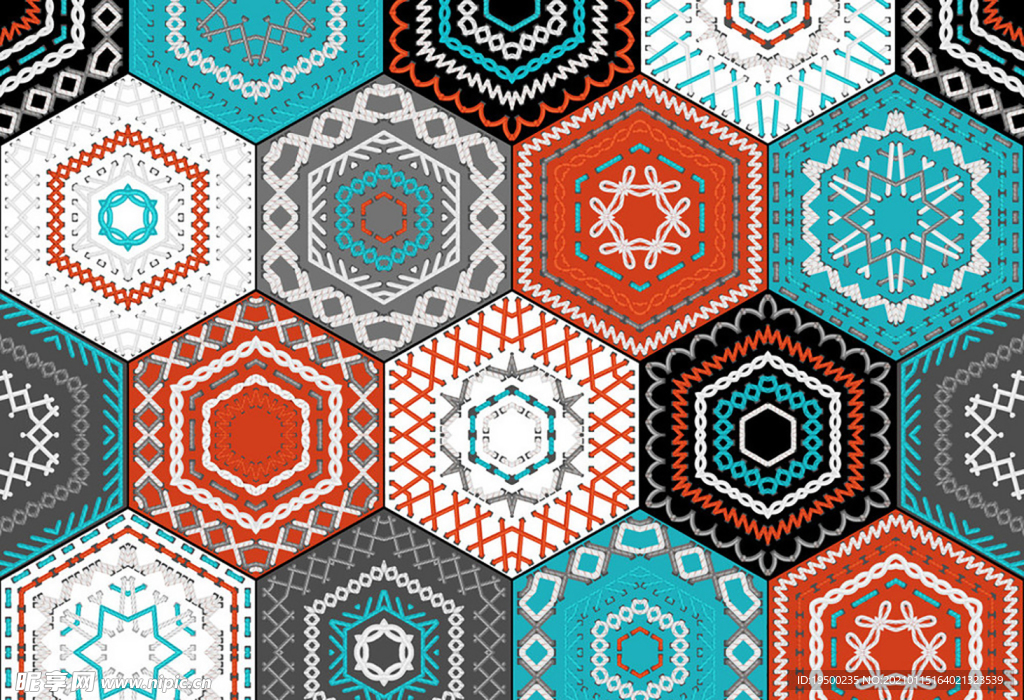 彩色刺繡六角形背景