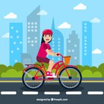 插画城市建筑自行车兜风