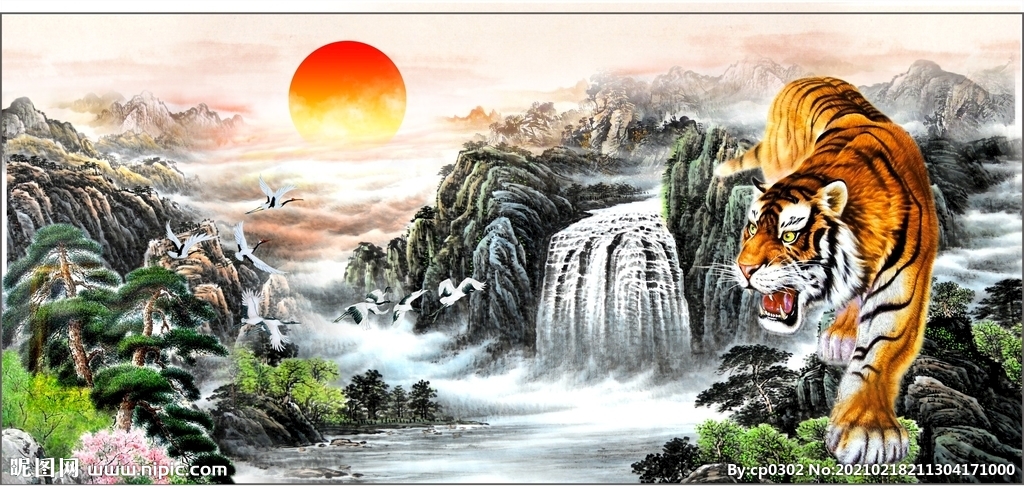 老虎中国背景画