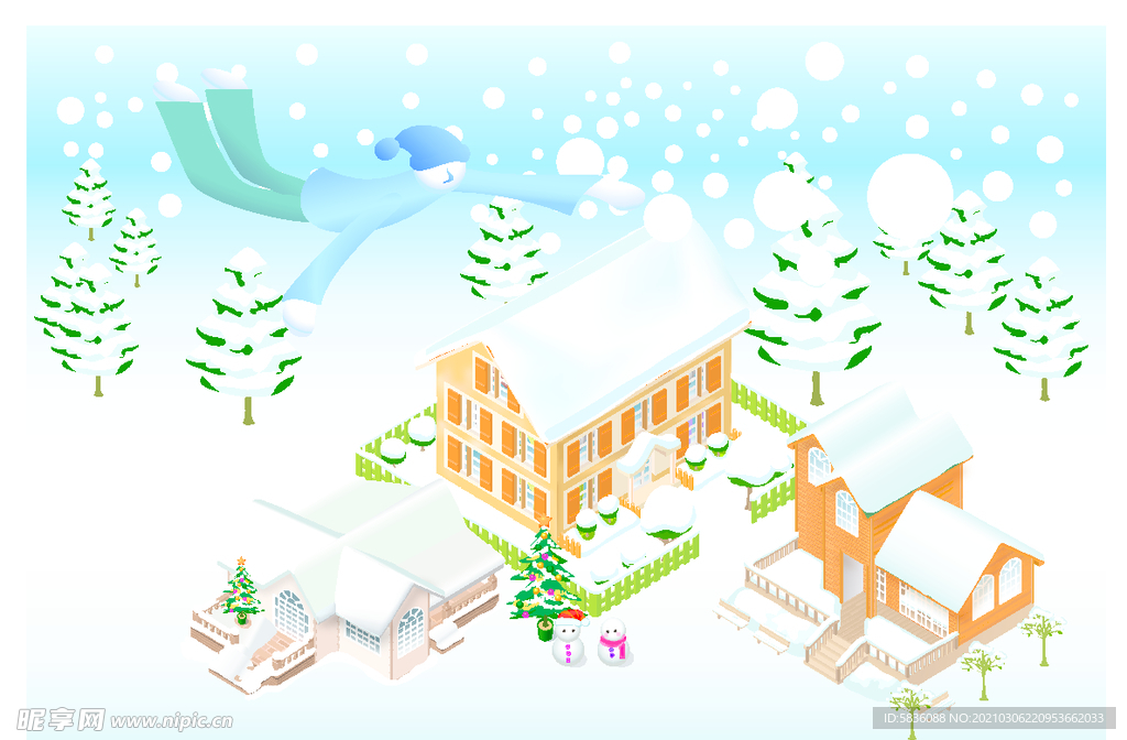 冬天美丽的雪花驯鹿卡通雪景装饰