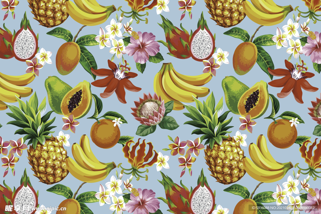香蕉菠萝火龙果木瓜花草水果墙纸