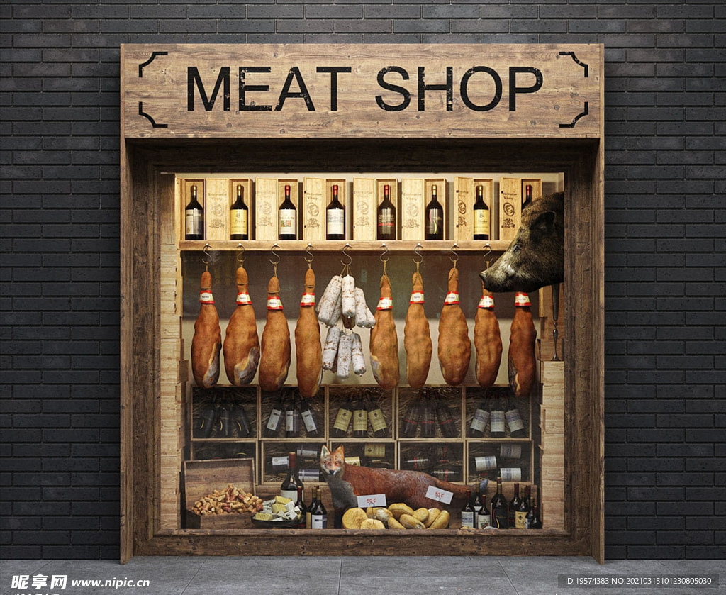 C4D模型橱窗设计肉店酒瓶腌肉