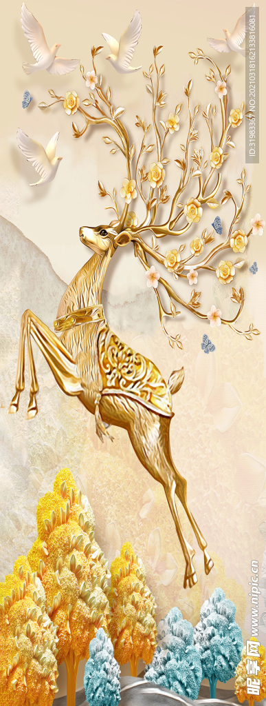 欧式轻奢麋鹿金树装饰画