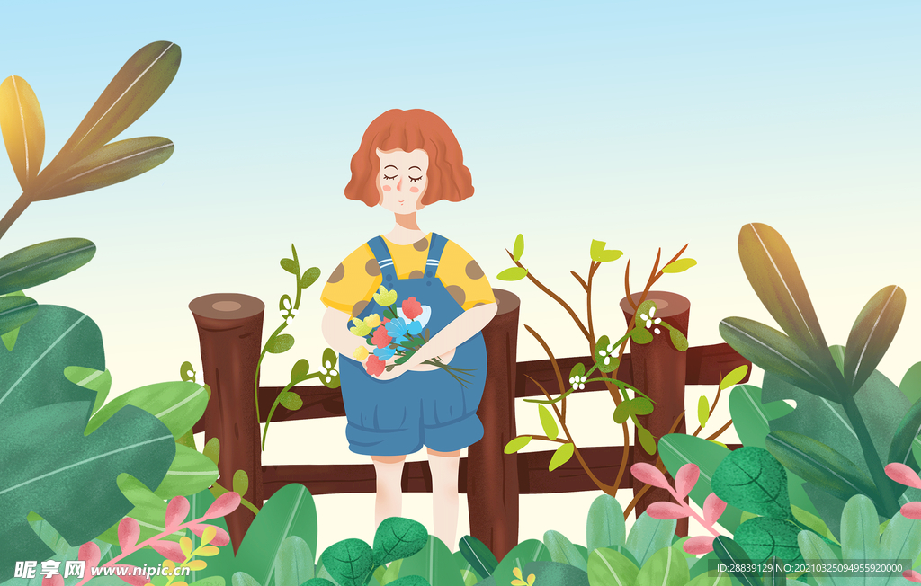 女孩在花園賞花