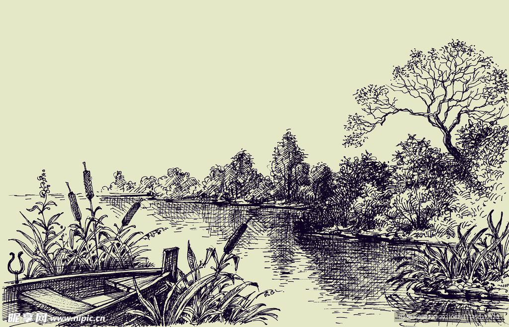 乡村小湖水墨硬笔绘画