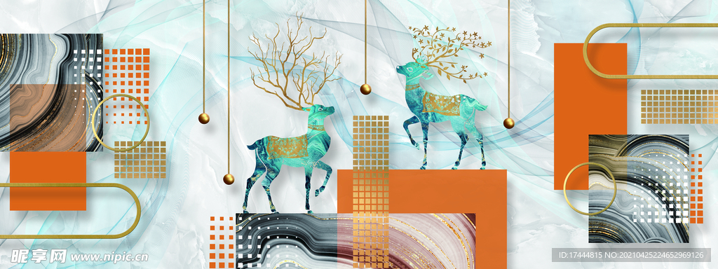 创意几何麋鹿客厅三联装饰画