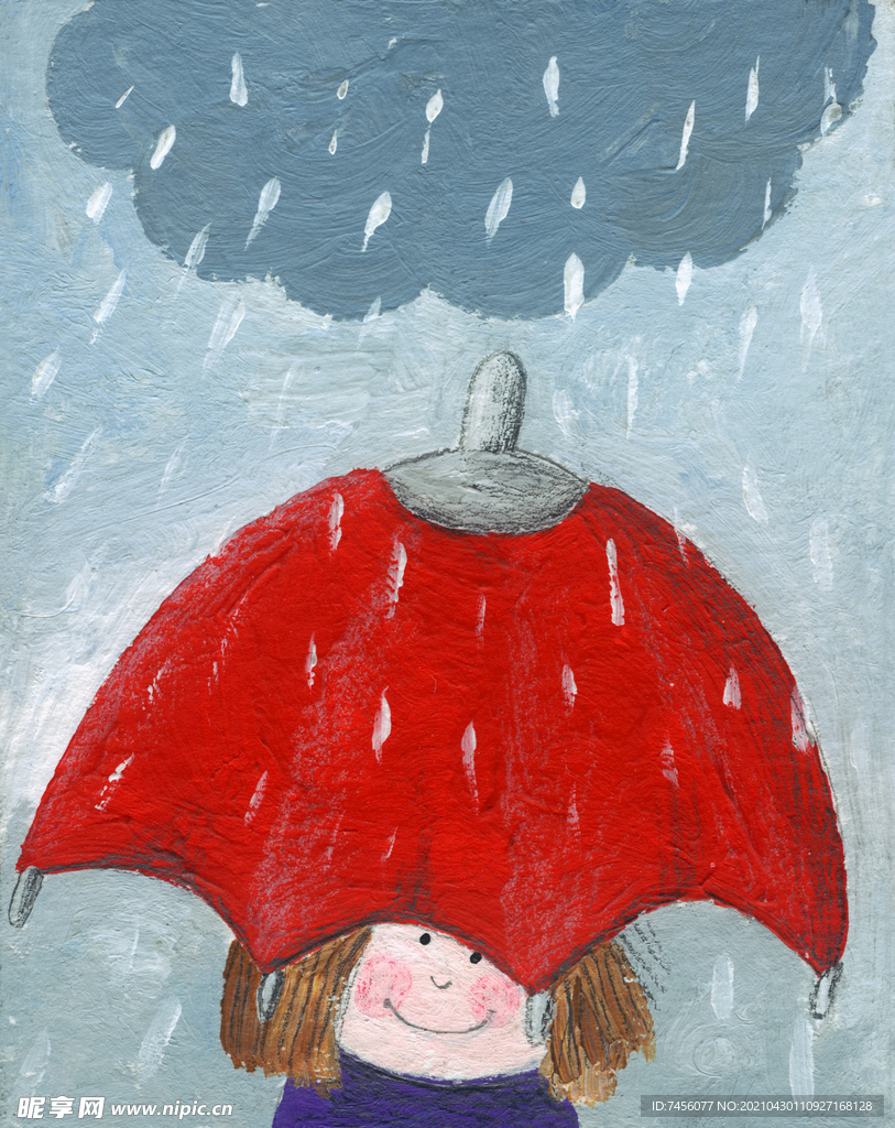 贝占新儿童画雨天撑着红色雨伞