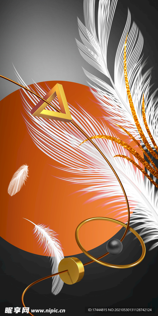 抽象羽毛线条鎏金橙色玄关装饰画