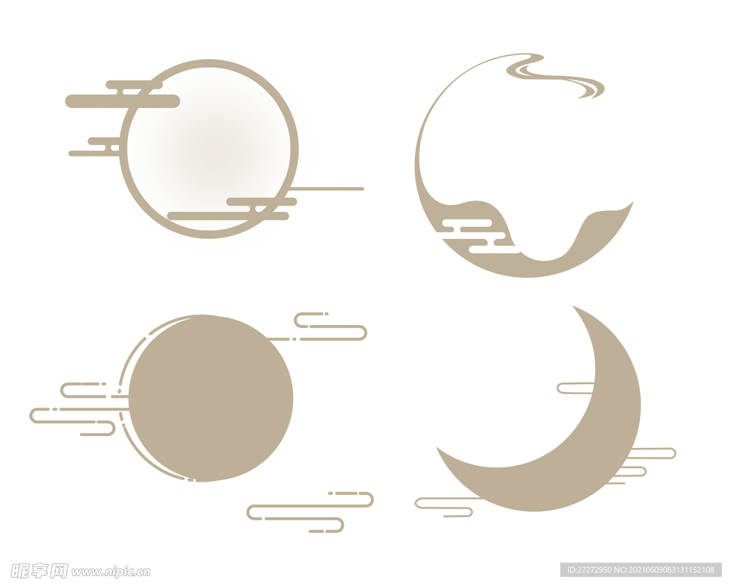 中国风古典装饰月亮线条矢量图素
