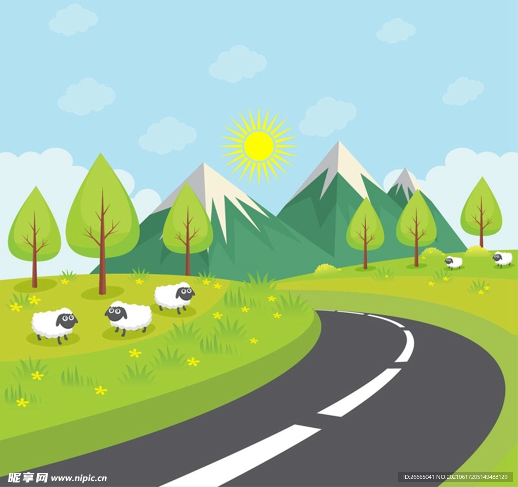 公路风景和绵羊