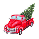 水彩手绘红色小汽车圣诞树