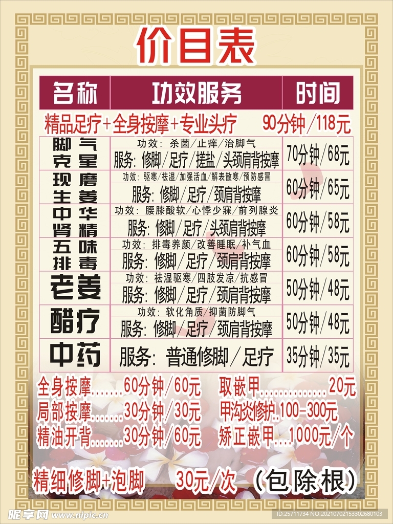 修腳價目表養生按摩價目表