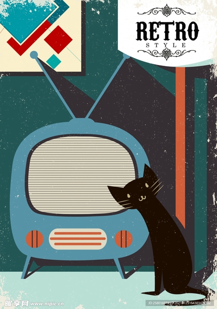 复古电视和黑色猫咪