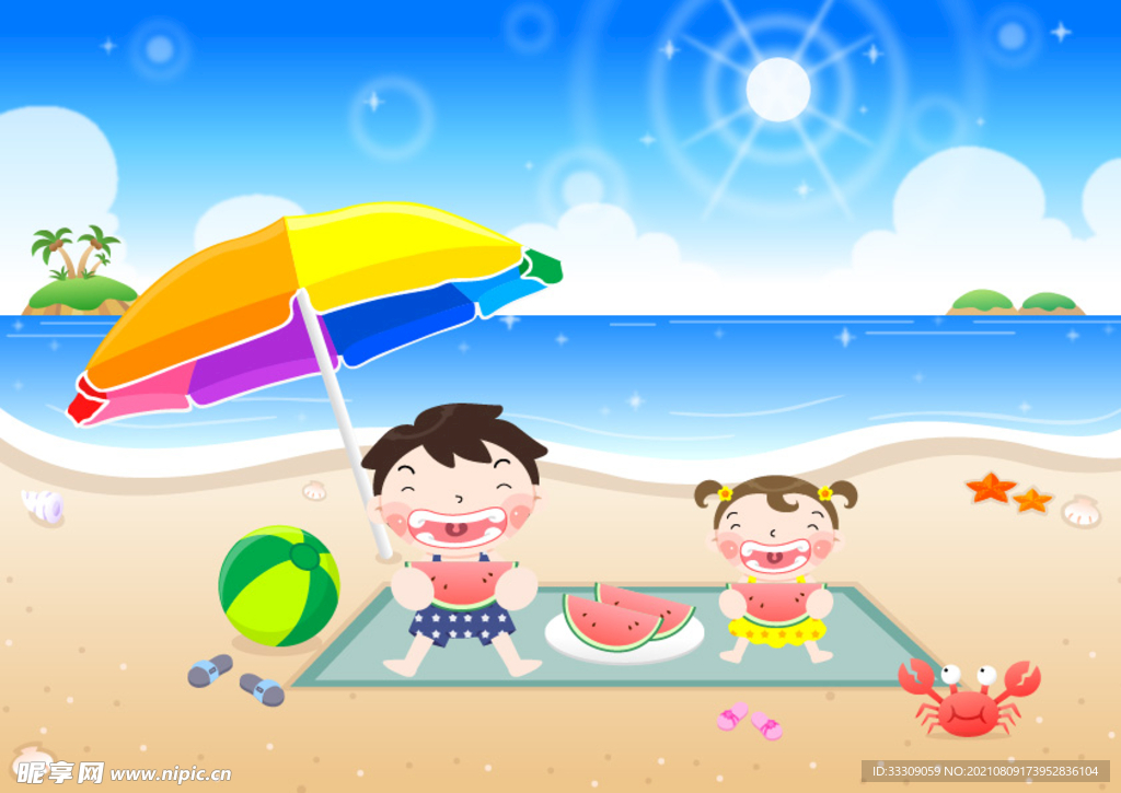 夏季小朋友在沙滩吃西瓜