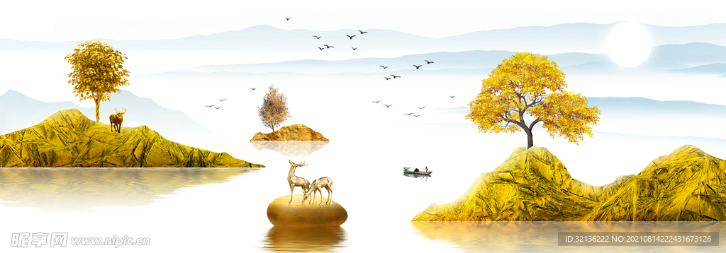 水墨麋鹿山水装饰画