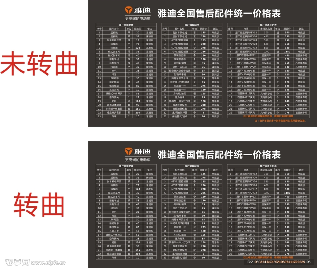 雅迪电动车售后配件统一价格表