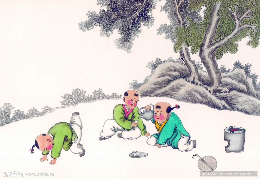 國畫山村兒童游戲少兒