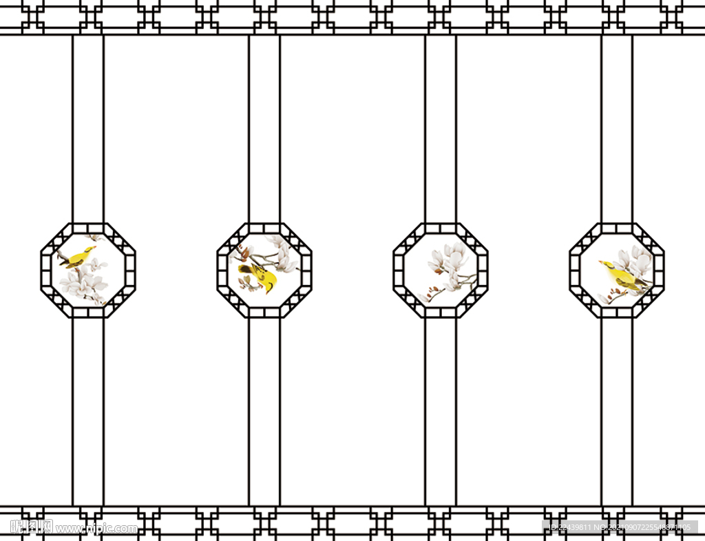 白玉兰黄鹂古典中式线条移门图片