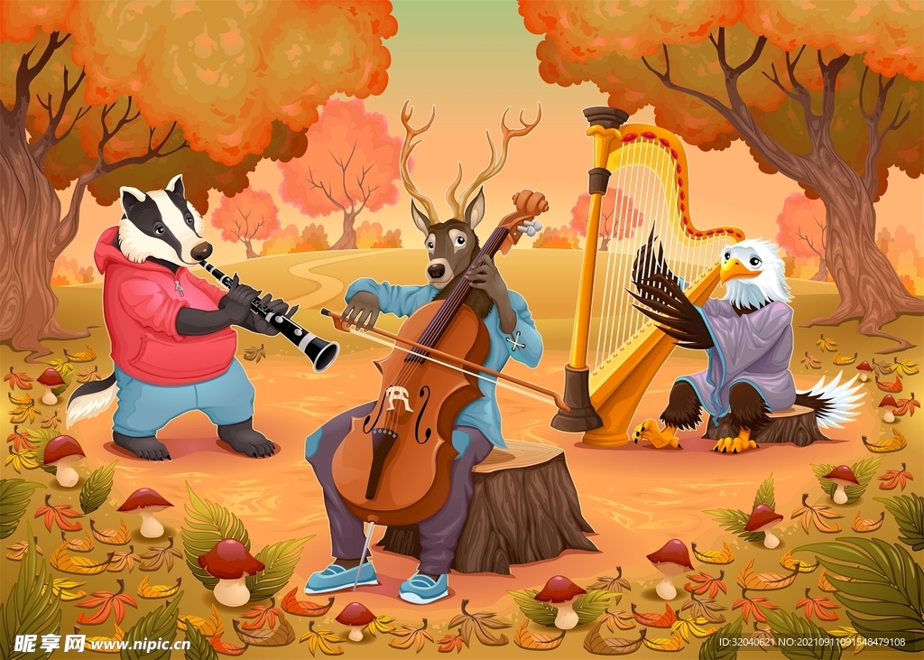 卡通秋季动物音乐聚会