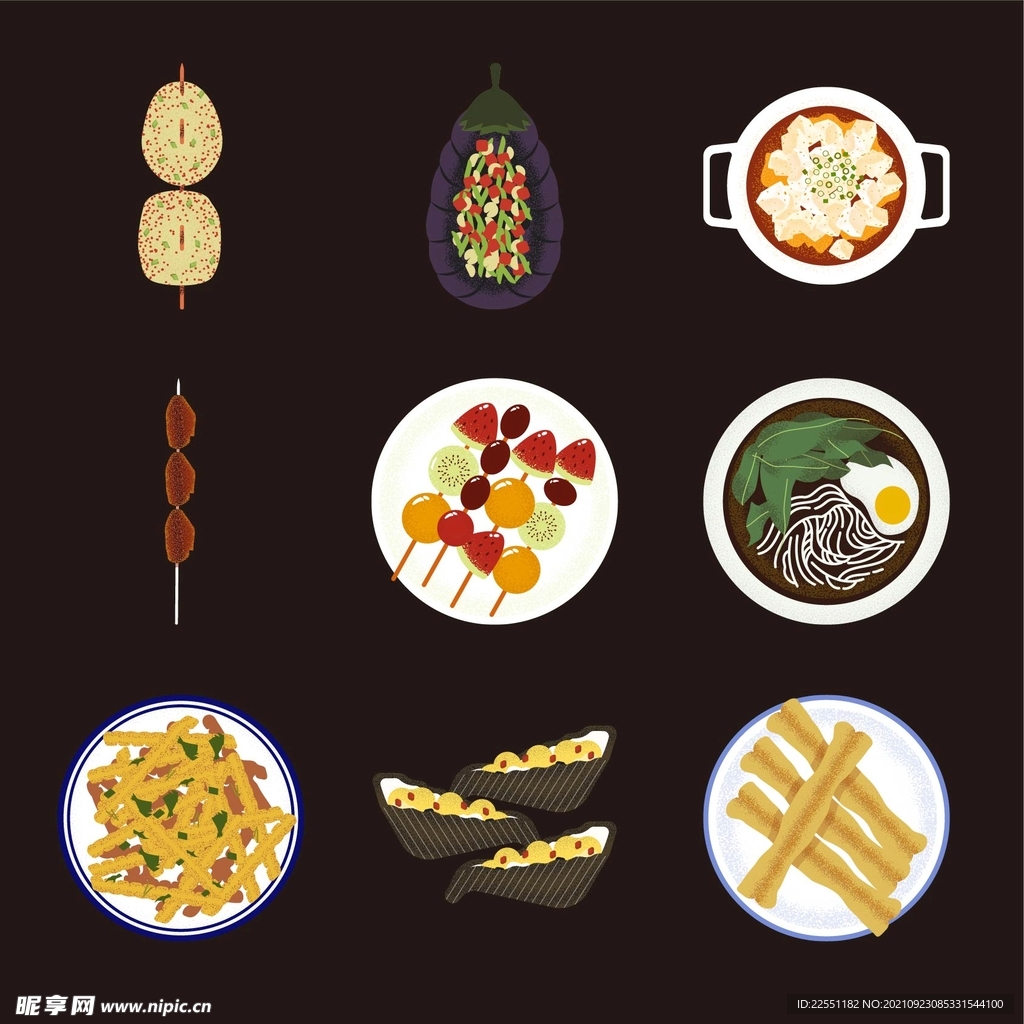 中餐食物扁平插畫元素 