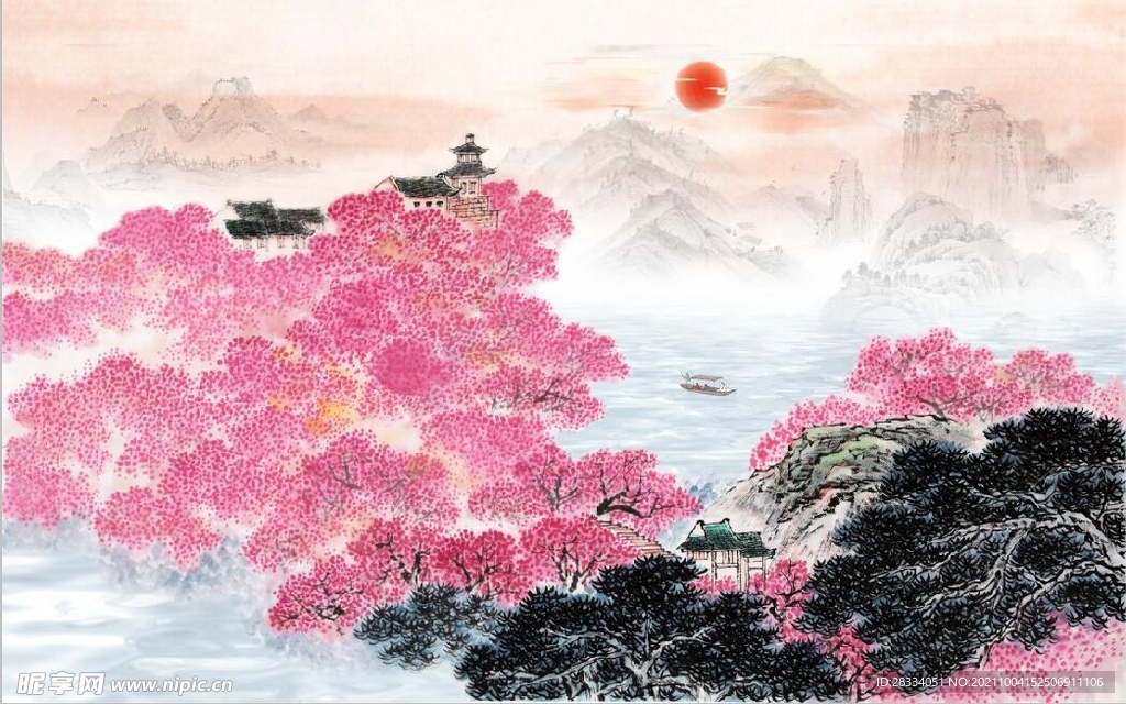 中式秋色山水风景国画电视背景墙