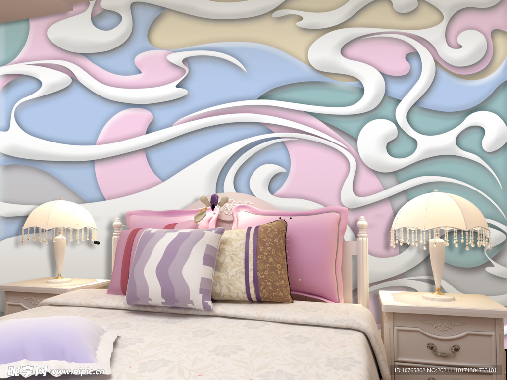 粉色卧室背景墙壁画场景图