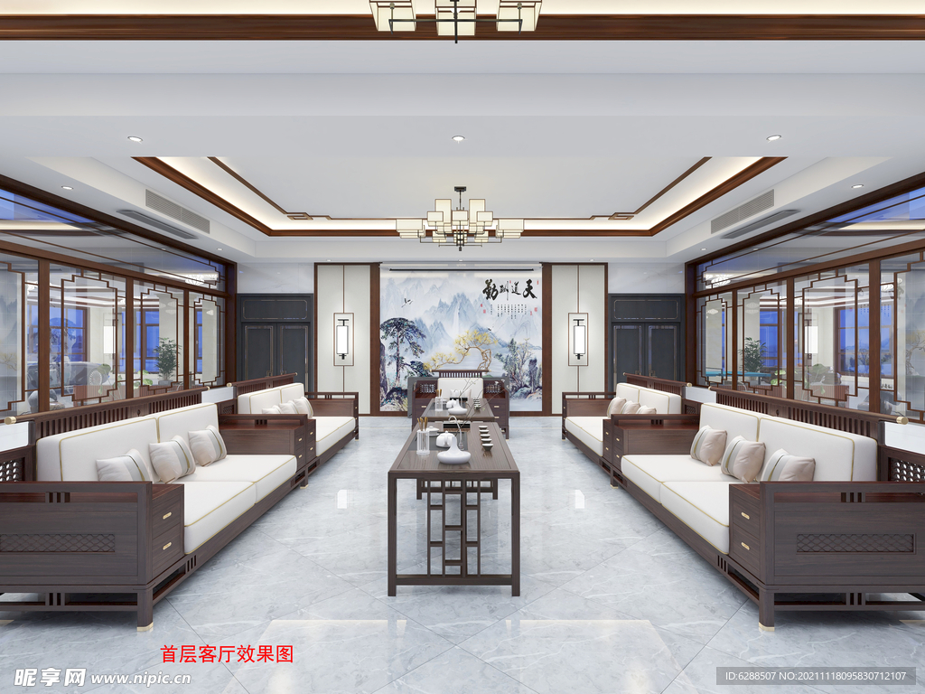 新中式 大别墅 客厅 3D效果