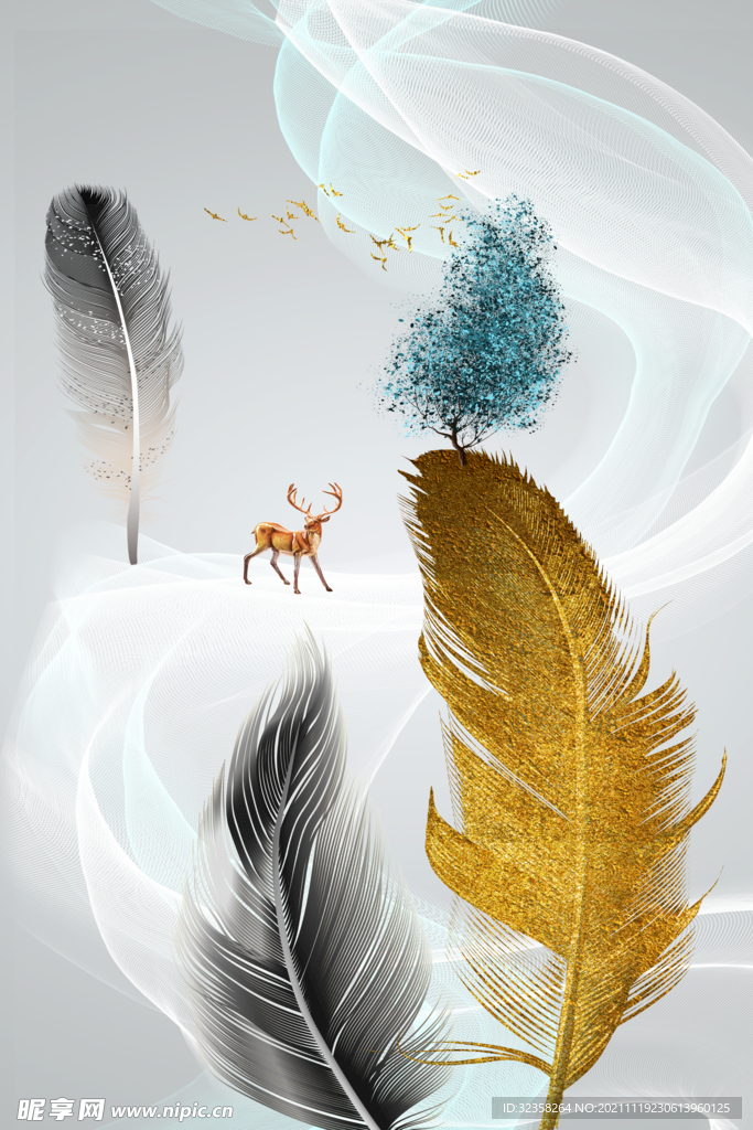 羽毛飘带金色麋鹿意境山水晶瓷画