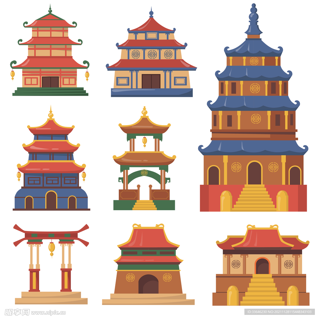 中国传统建筑平面卡通插画矢量