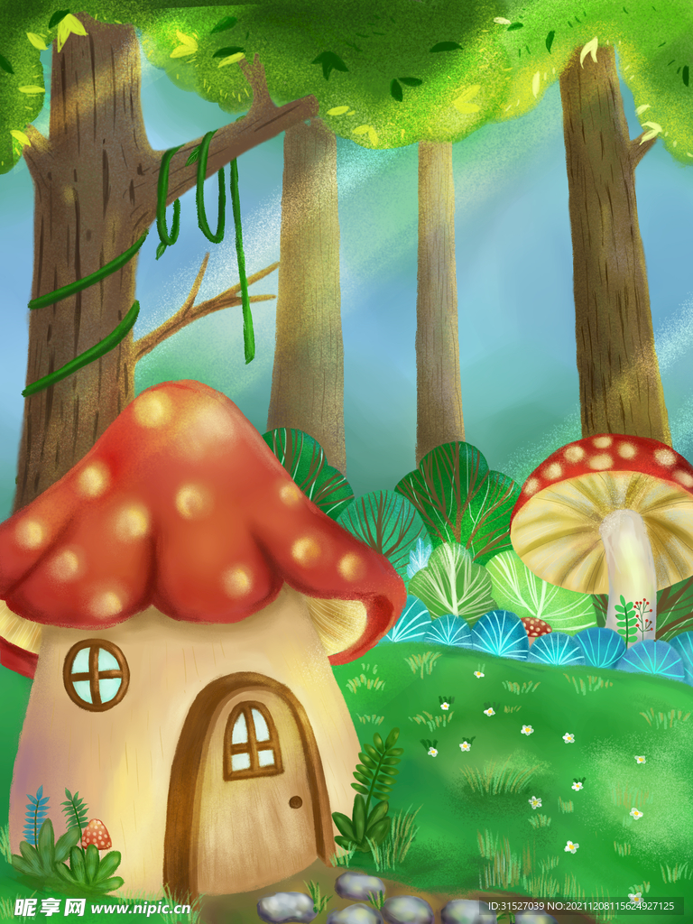 蘑菇森林绿色生机插画