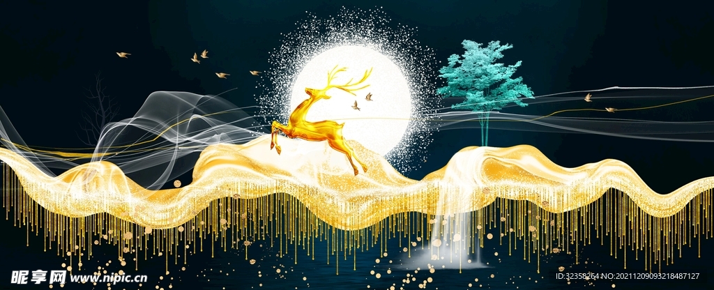 线条金色麋鹿意境山水装饰画