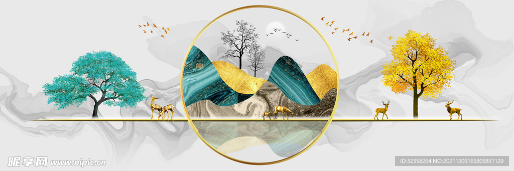 金色麋鹿山水艺术晶瓷画