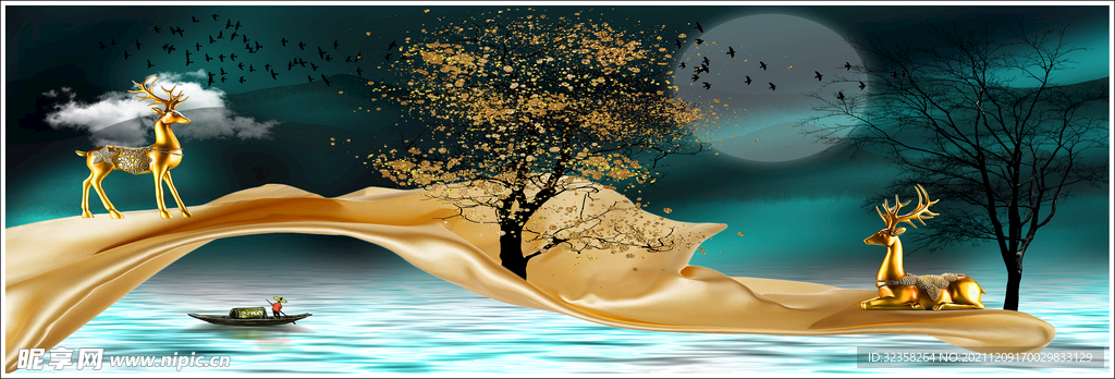 飘带金色麋鹿意境山水装饰画