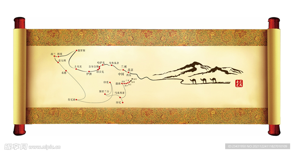 茶馬古道畫軸矢量