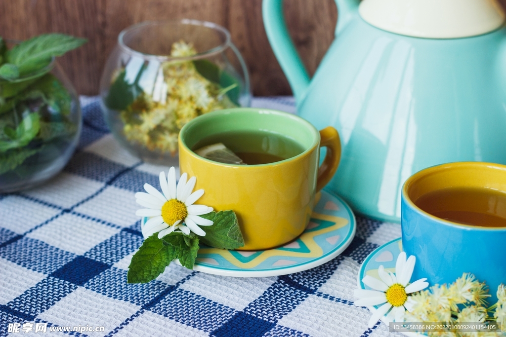茶 檸檬 甘菊 茶杯 桌布